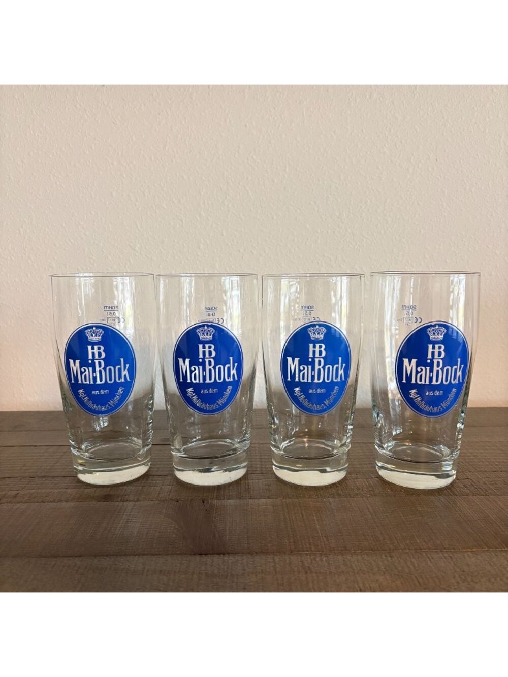 Mai Bock Beer Glass Set of 4 Hofbrauhaus Munchen .5L SAHM Royal Crown HB Germany